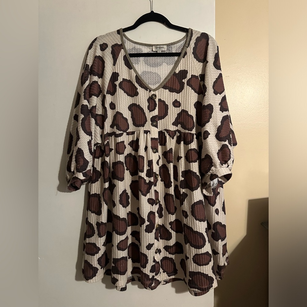 Umgee Leopard Cheetah Print Babydoll Waffle Knit Tunic Top Size Large